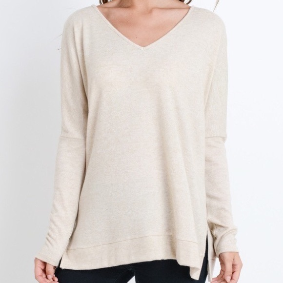 Hacci Brushed Soft VNeck Side Slit Oatmeal Tunic - Picture 6 of 9